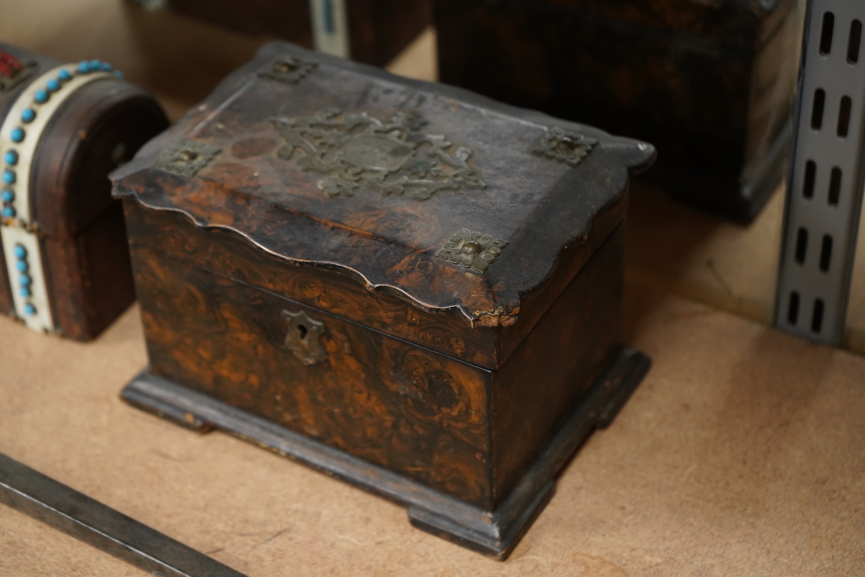 A 19th century brass mounted bayonet together with a tea caddy and a domed casket (a.f)